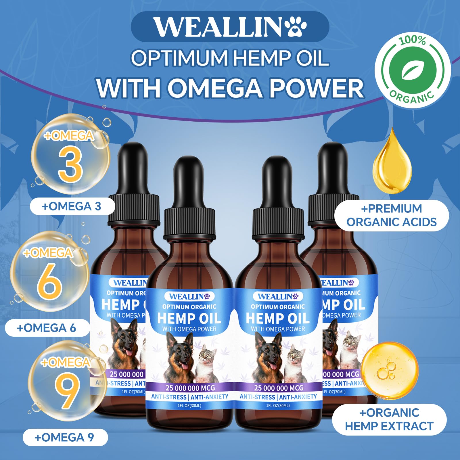 WEALLIN Huile de chanvre – pelage brillant et peau saine du chien.