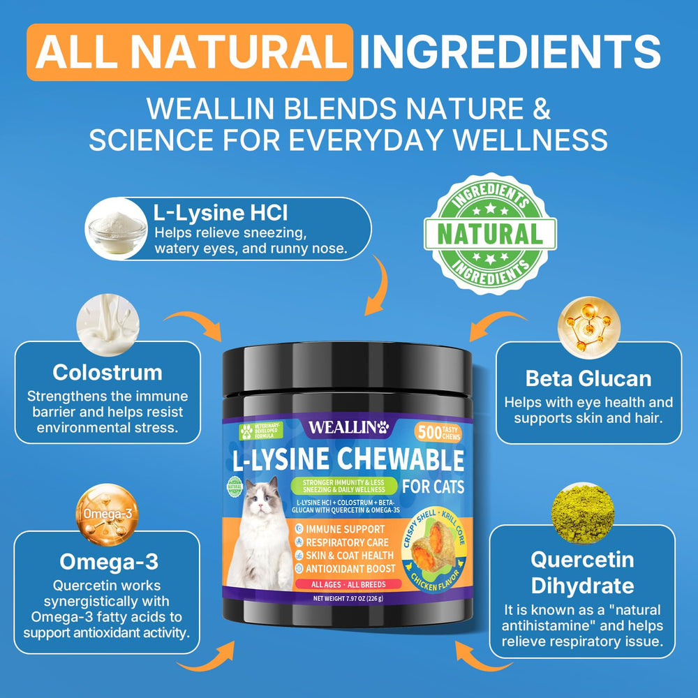 WEALLIN L-Lysine pour chats – colostrum inclus, soutien général potentiellement bénéfique.