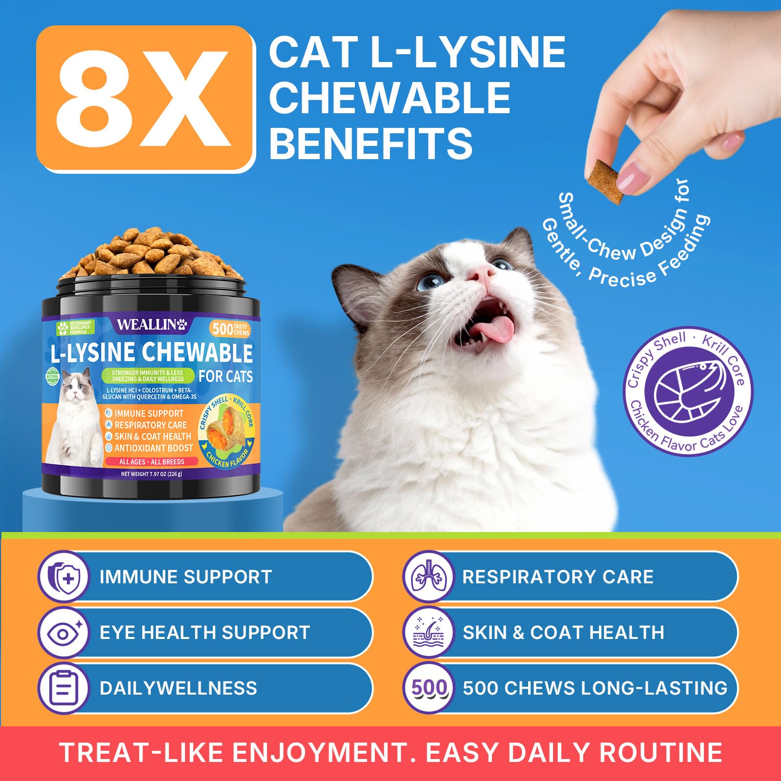 WEALLIN L-Lysine pour chats – saveur poulet, texture croquante appréciée au quotidien.