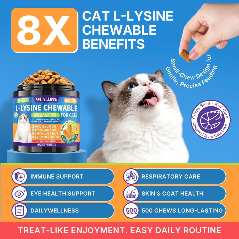 WEALLIN L-Lysine pour chats – saveur poulet, texture croquante appréciée au quotidien.