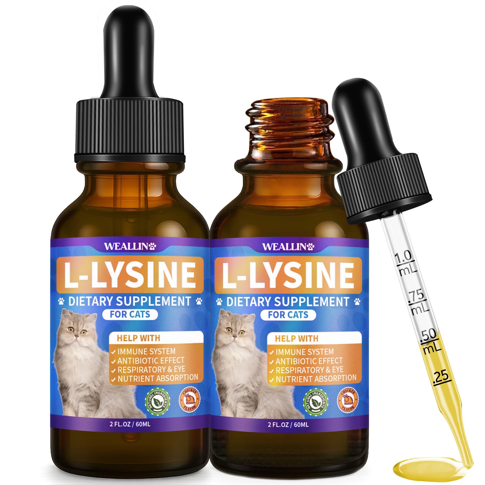WEALLIN L-lysine pour chats: bouteille et gouttes faciles à administrer pour le soutien immunitaire.