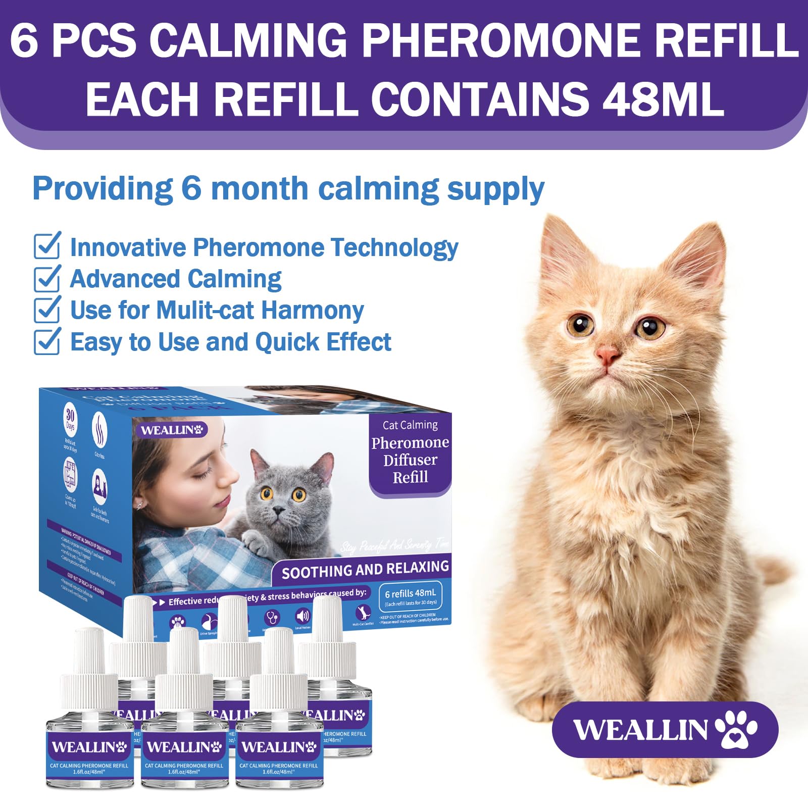 WEALLIN recharge 48ml pour diffuseur chat: diffusion continue jusqu a 30 jours.