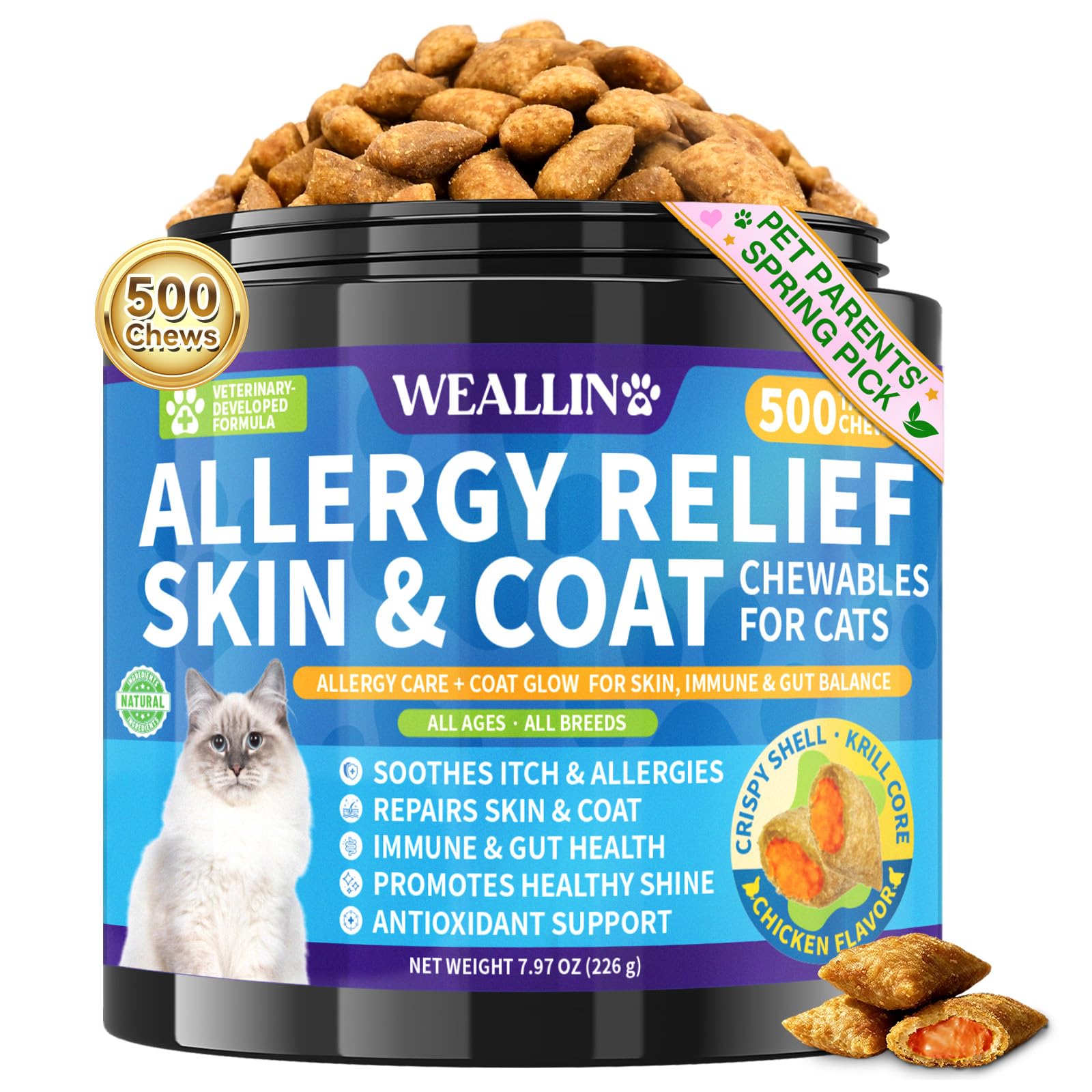 WEALLIN relief allergie chat bocal: friandises croustillantes pour le confort de la peau.