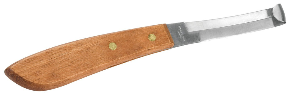 Couteau sabot double tranchant Weaver Leather avec manche en bois, pratique pour l’entretien quotidien des sabots.
