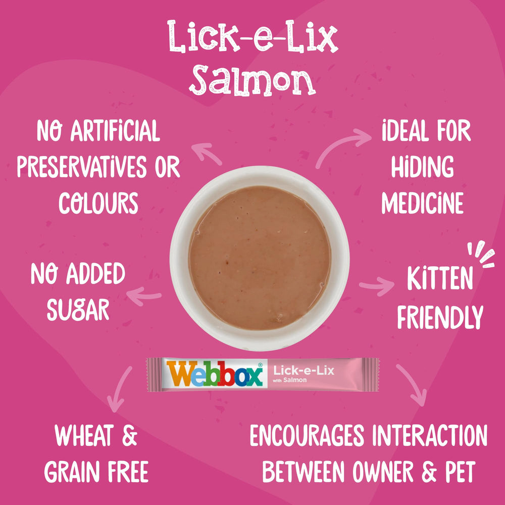 Webbox Cats Delight Lick-e-Lix Saumon offre des portions faciles pour récompenser sans gaspillage.