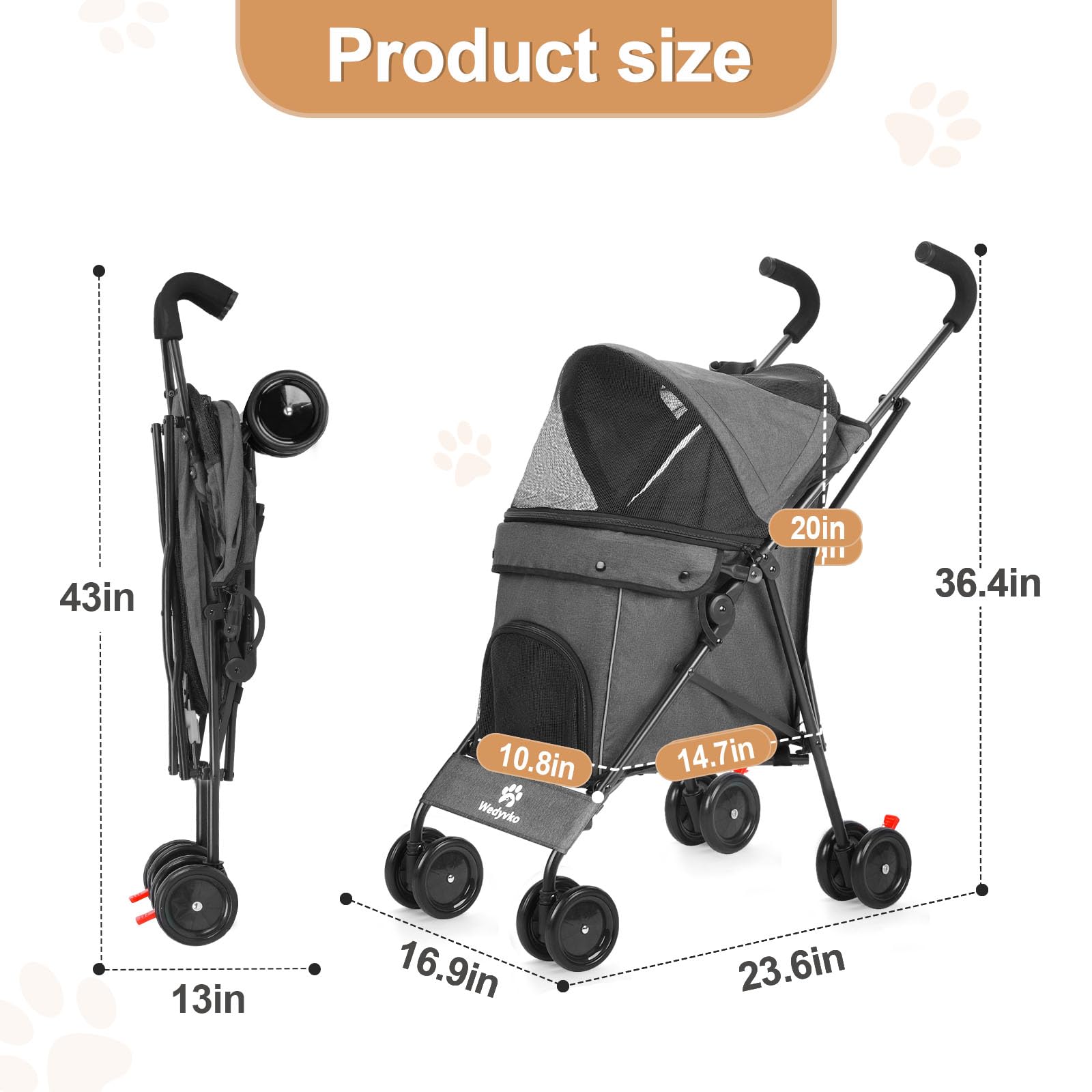 Poussette Wedyvko pour chien compacte en état plié, rangement sans outil.