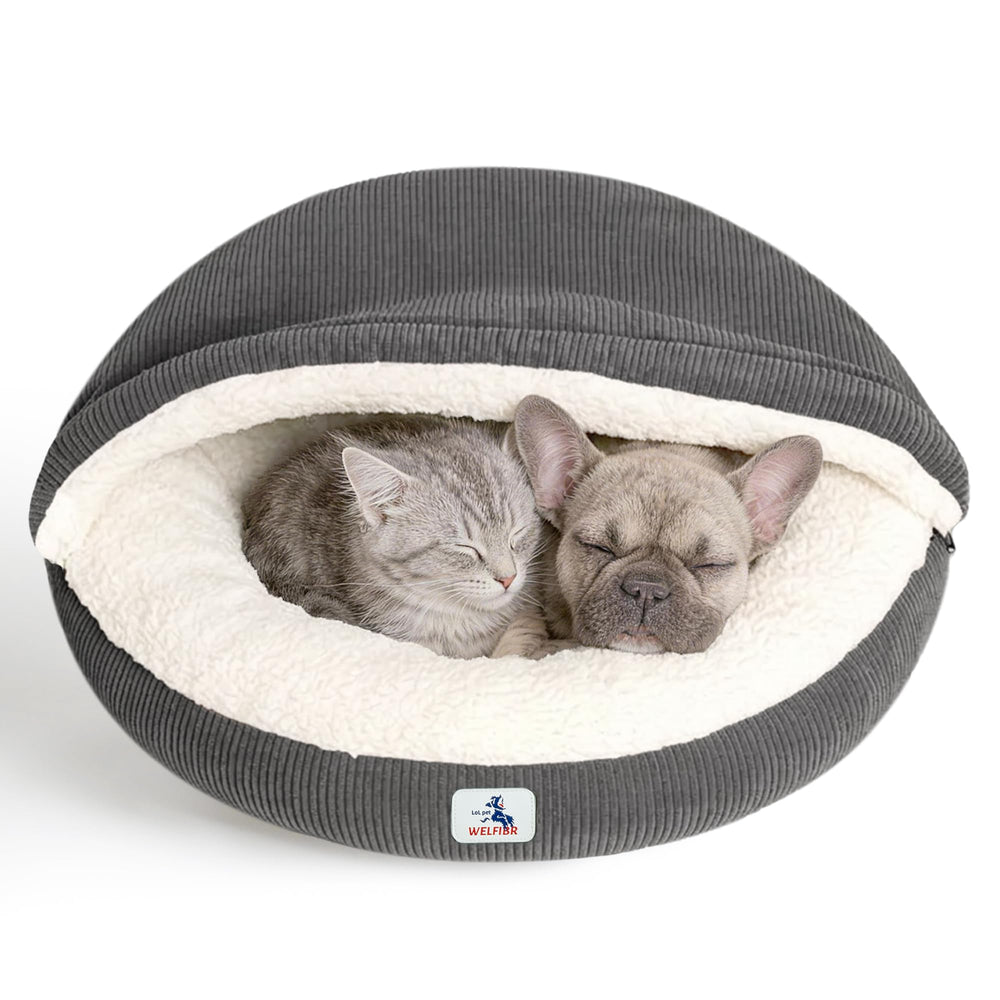 Nid cabane Welfibr pour chat capuche gris, cocon douillet et sûr.