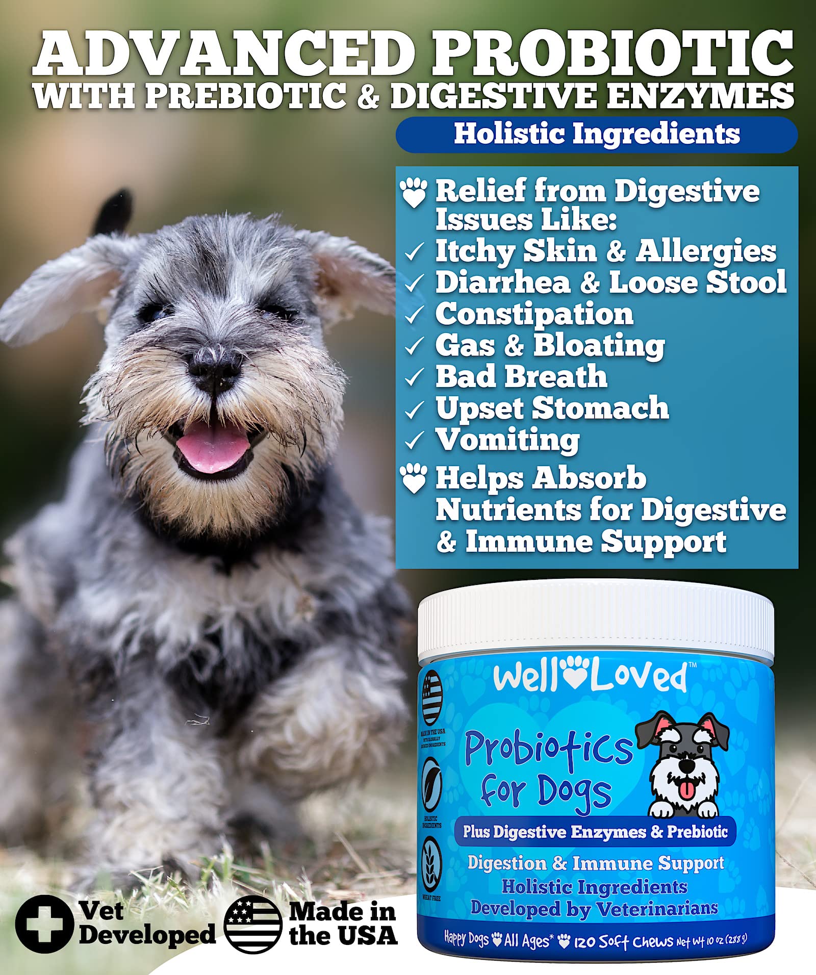 Well Loved Probiotiques pour Chiens — friandises molles, goût naturel apprécié.