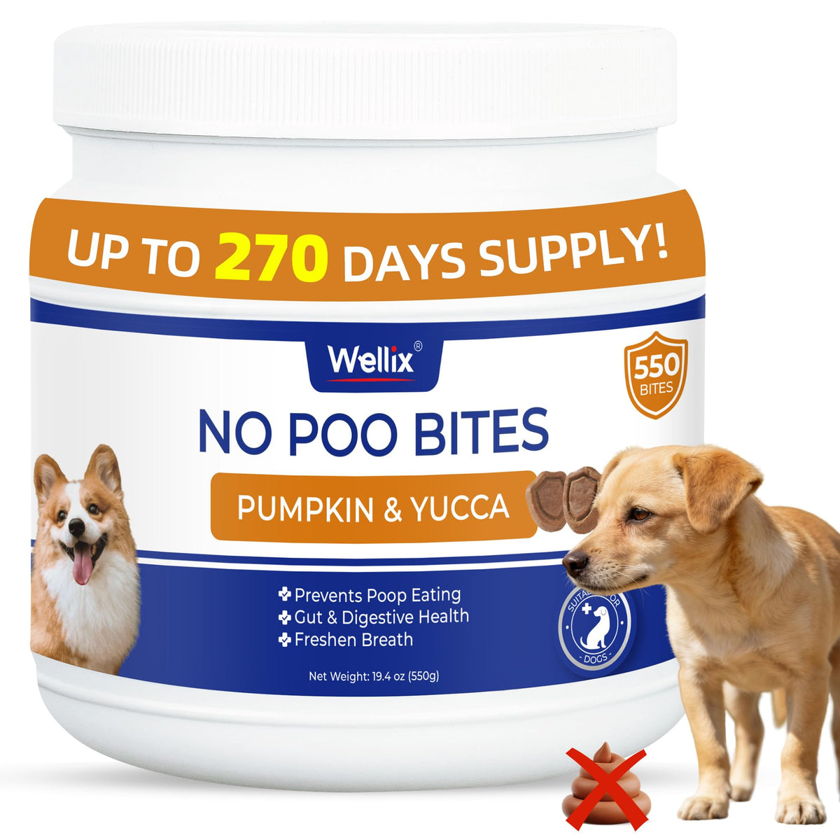 Wellix 550 Bites anti-coprophagie pour chien, soutien digestif potentiel.