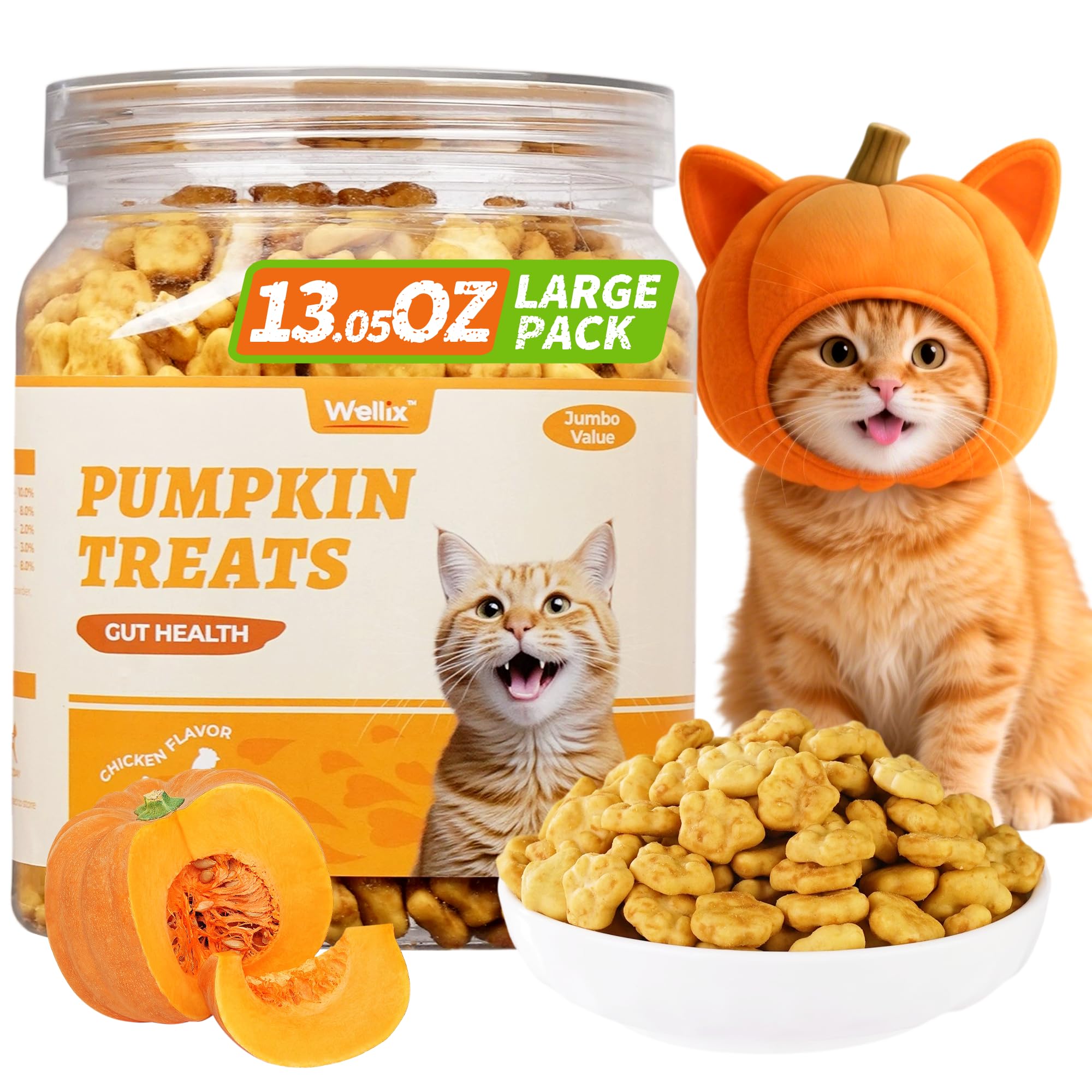 Friandises Wellix chat potiron poulet dans une jarre pratique pour récompenser.