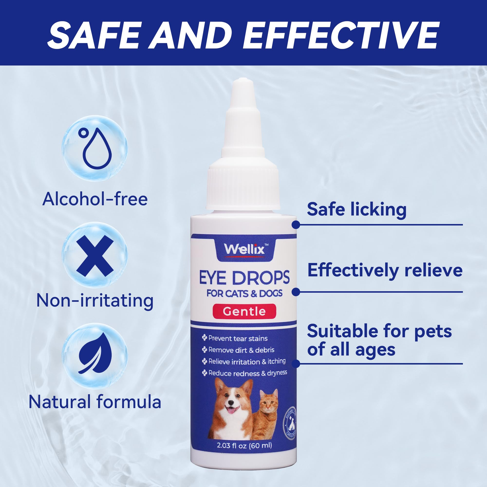 Flacon Wellix 2x60ml pour le soin quotidien des yeux des animaux.