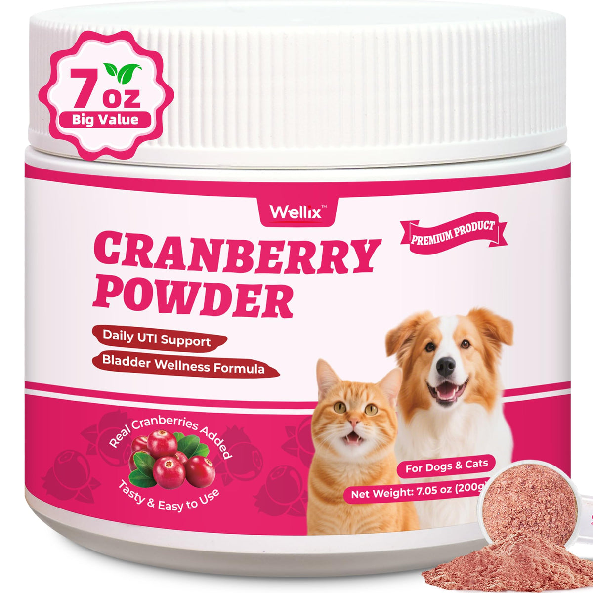 Wellix poudre cranberry chat-chien : soutien urinaire naturel et goût appétent.