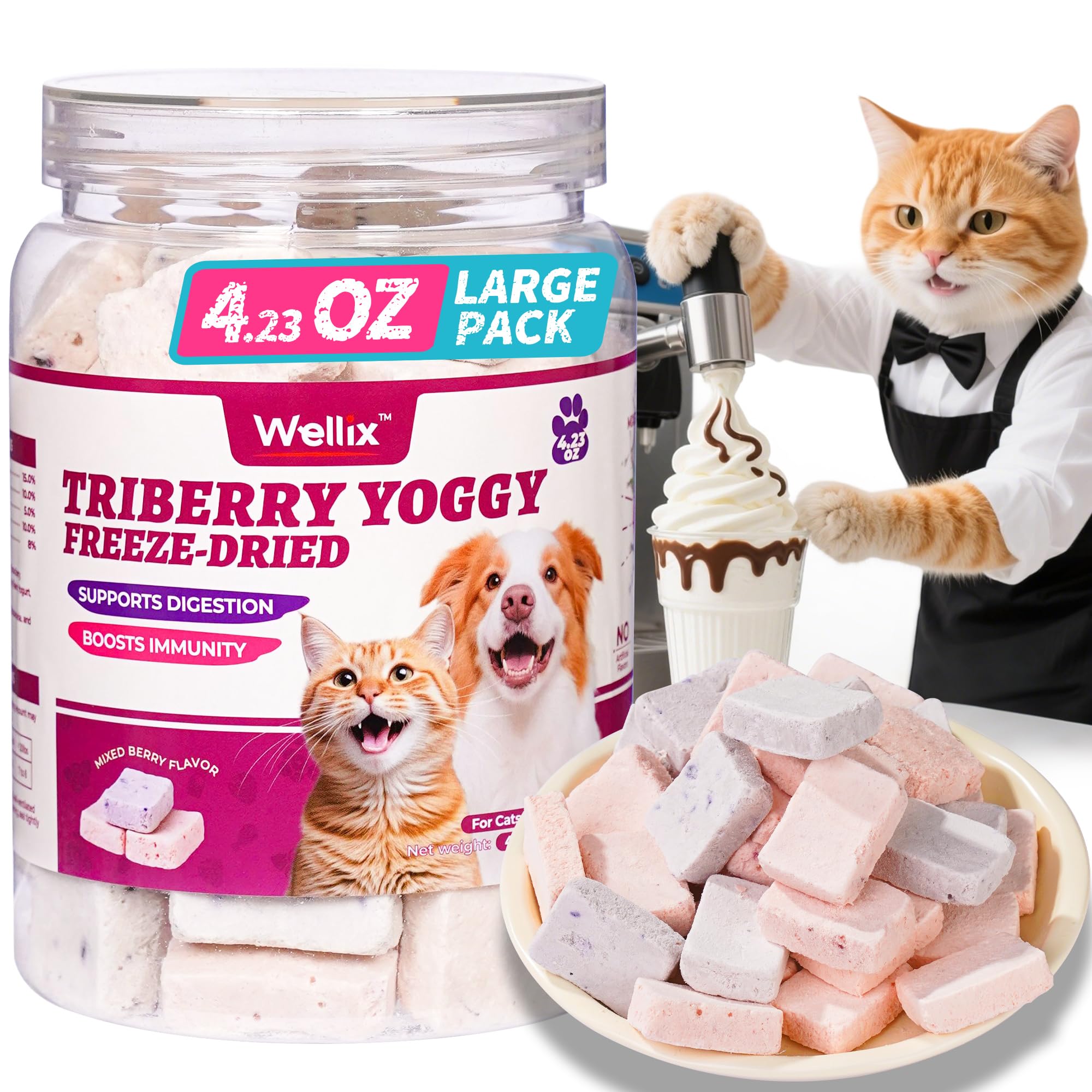 Friandises Wellix au yaourt – emballage visible, prêt à l’emploi.