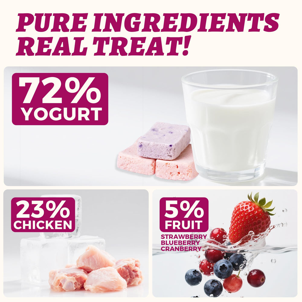 Texture croquante Wellix au yaourt avec morceaux de fruits pour chiens et chats.