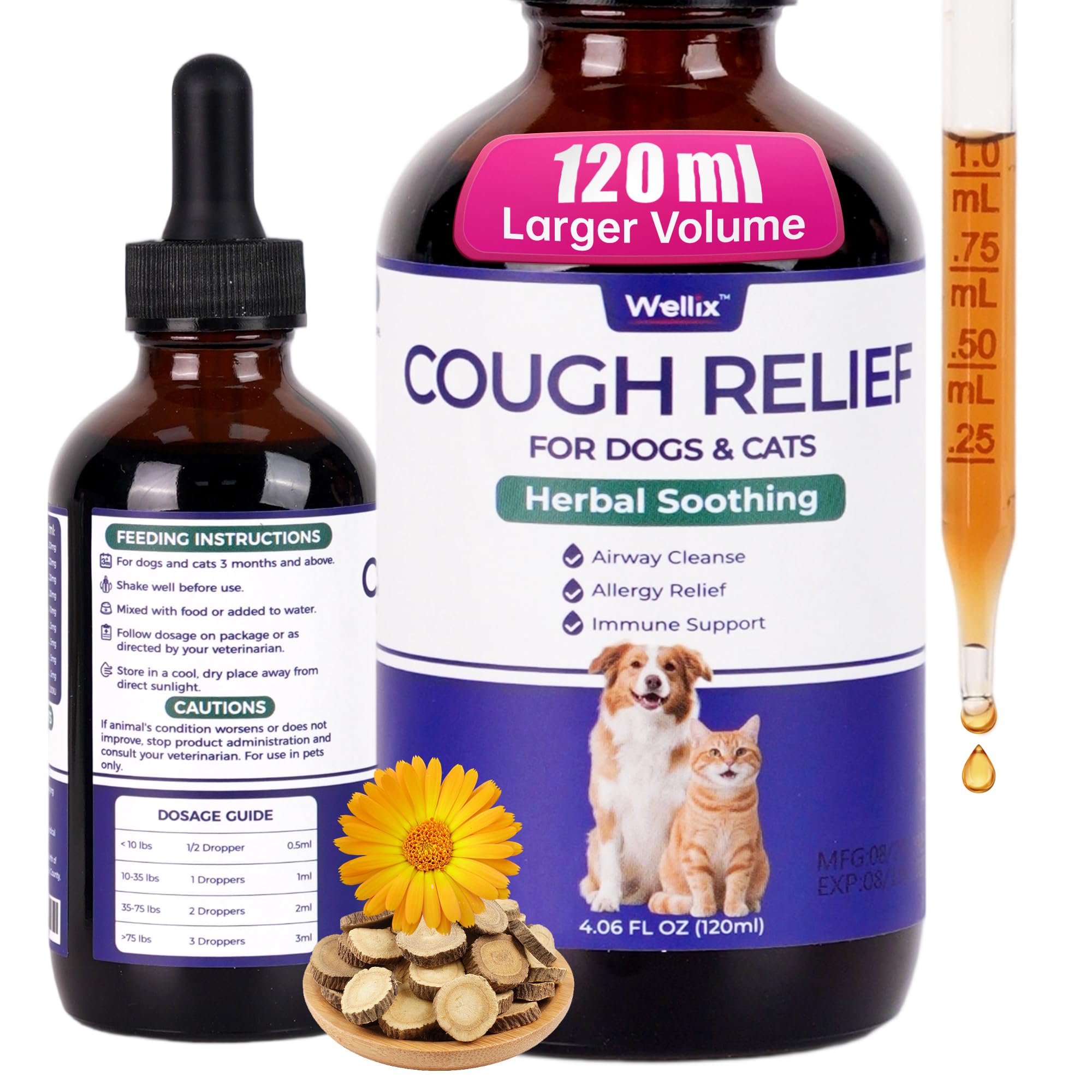 Wellix traitement toux de chenil 120ml, soutien respiratoire pour chiens et chats.