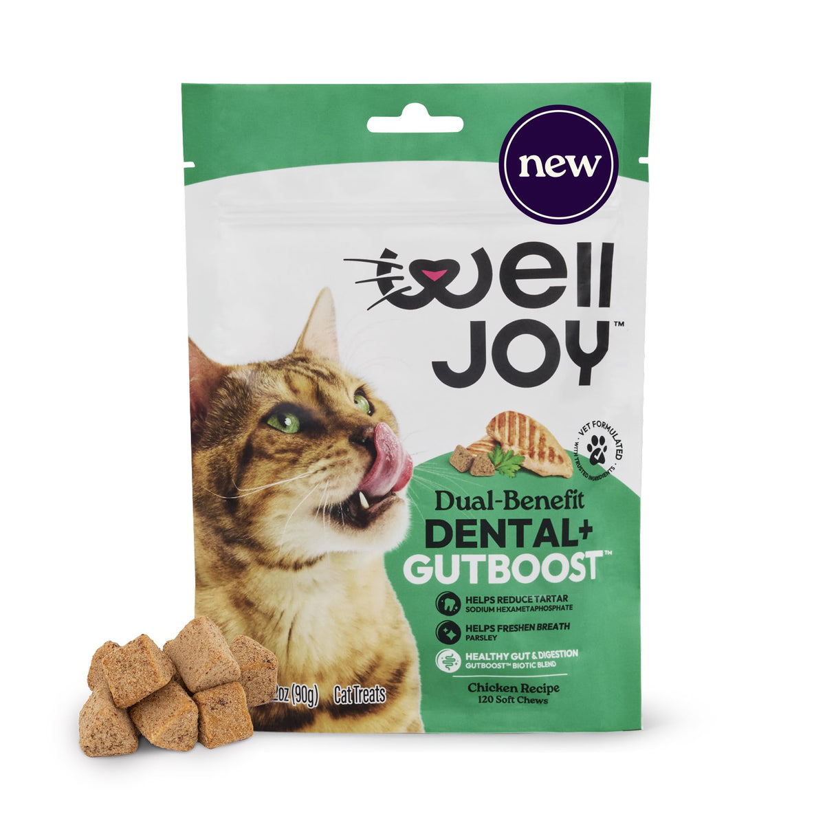 WellJoy chat-bouchees-dentaires-moelleuses : soutien potentiel à la réduction du tartre et haleine plus fraîche.