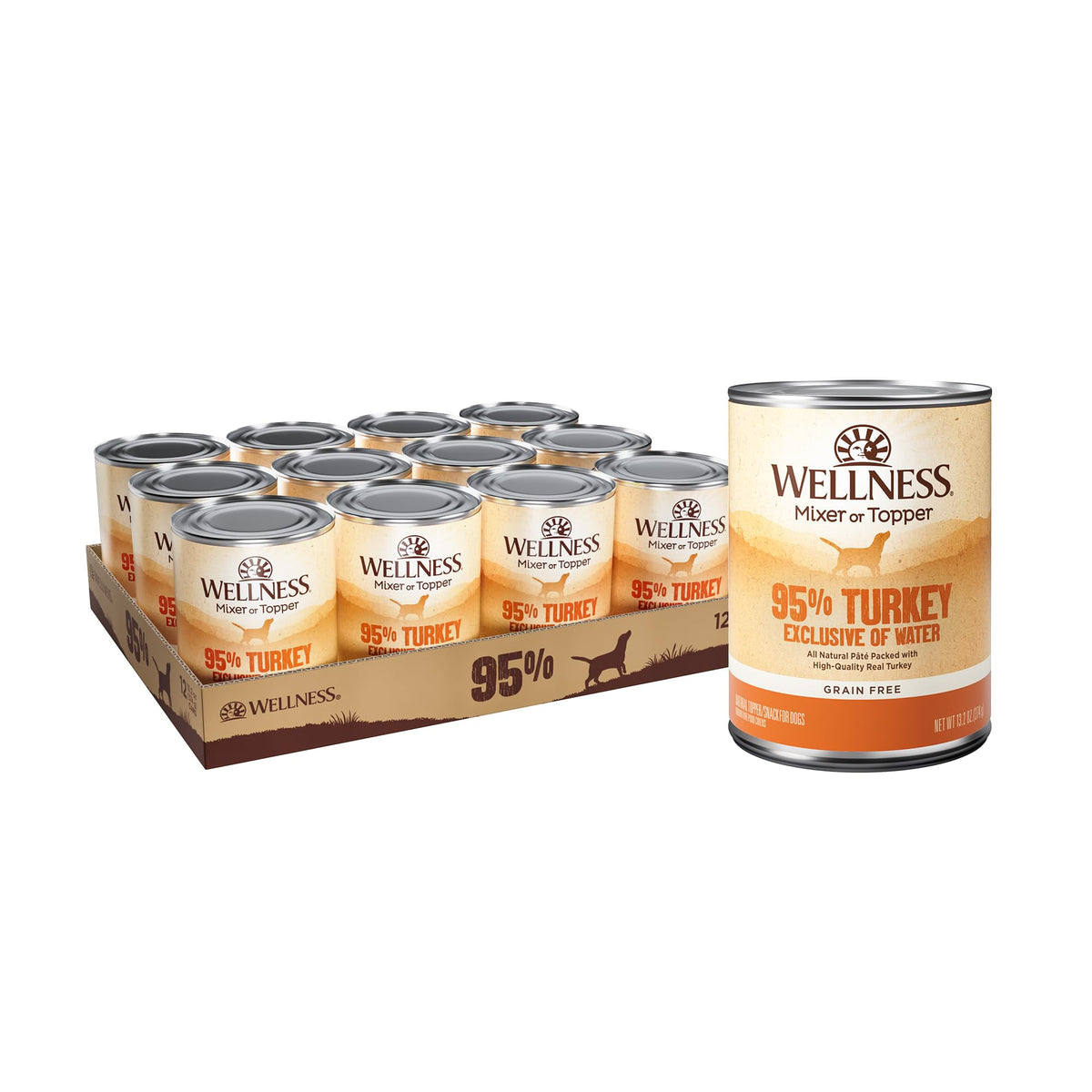 Wellness 95% dinde pâte bocal 13oz, conserve fraîche et pratique pour repas mixte.