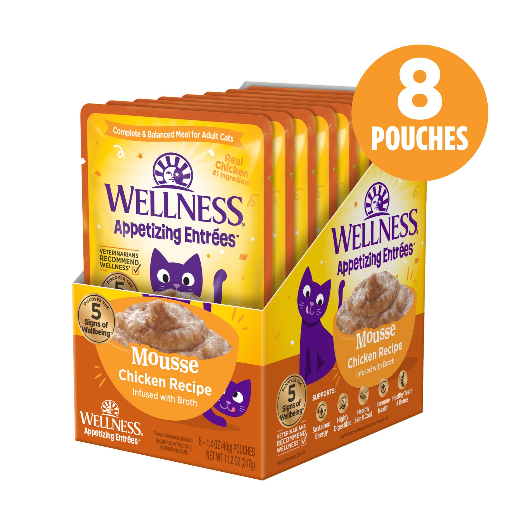 Wellness Appetissantes Entrées Mousse avec bouillon hydratant pour chat, sachet de 40 g.