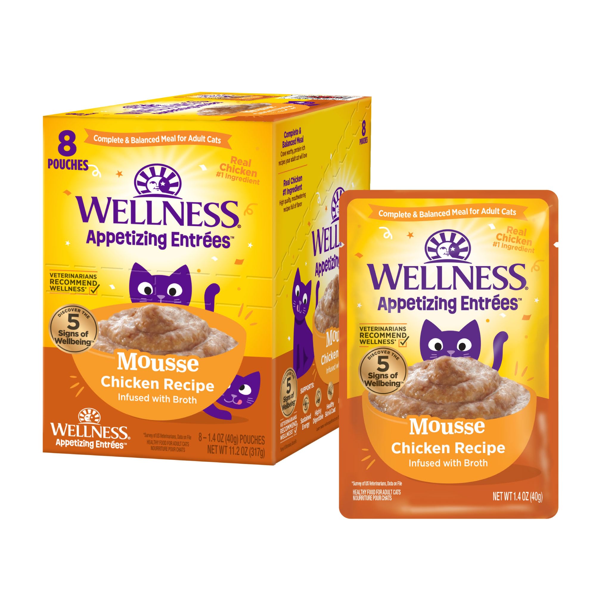 Wellness Appetissantes Entrées Mousse pour chat adulte au poulet, sachet de 40 g, pack de 8.