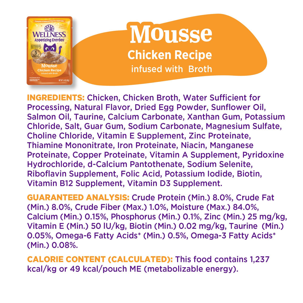 Recommandé par les vétérinaires Wellness Appetissantes Entrées Mousse pour chat.