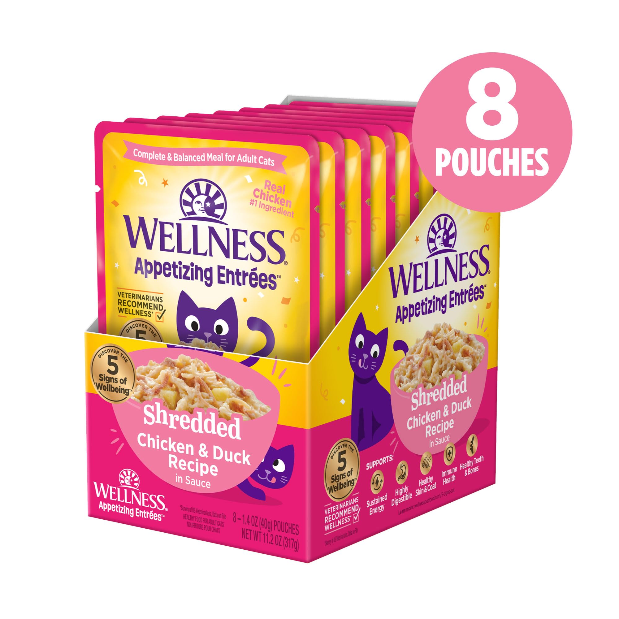 Wellness Appetizing Entrées emiette poulet canard, sachets : bouillon pour hydratation.