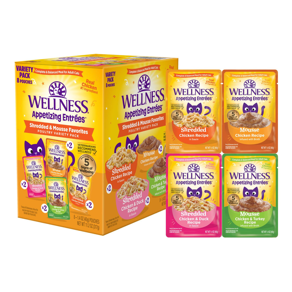 Wellness Appetizing Entrées, poulet effiloché: repas protéiné pour chat adulte, hydratation par bouillon