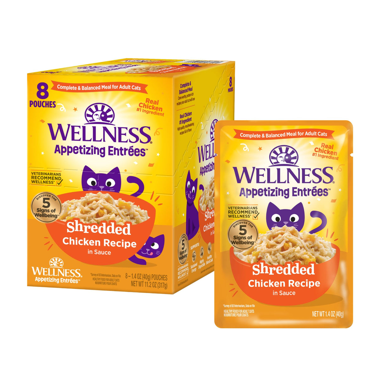 Wellness Appetizing Entrées – sachet poulet râpé dans bouillon hydratant pour chats adultes.
