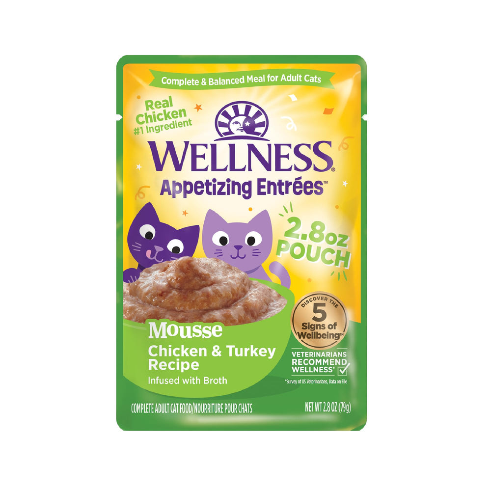 Wellness Appetizing Mousse Flocanee: texture mousse avec poulet et dinde, repas savoureux.