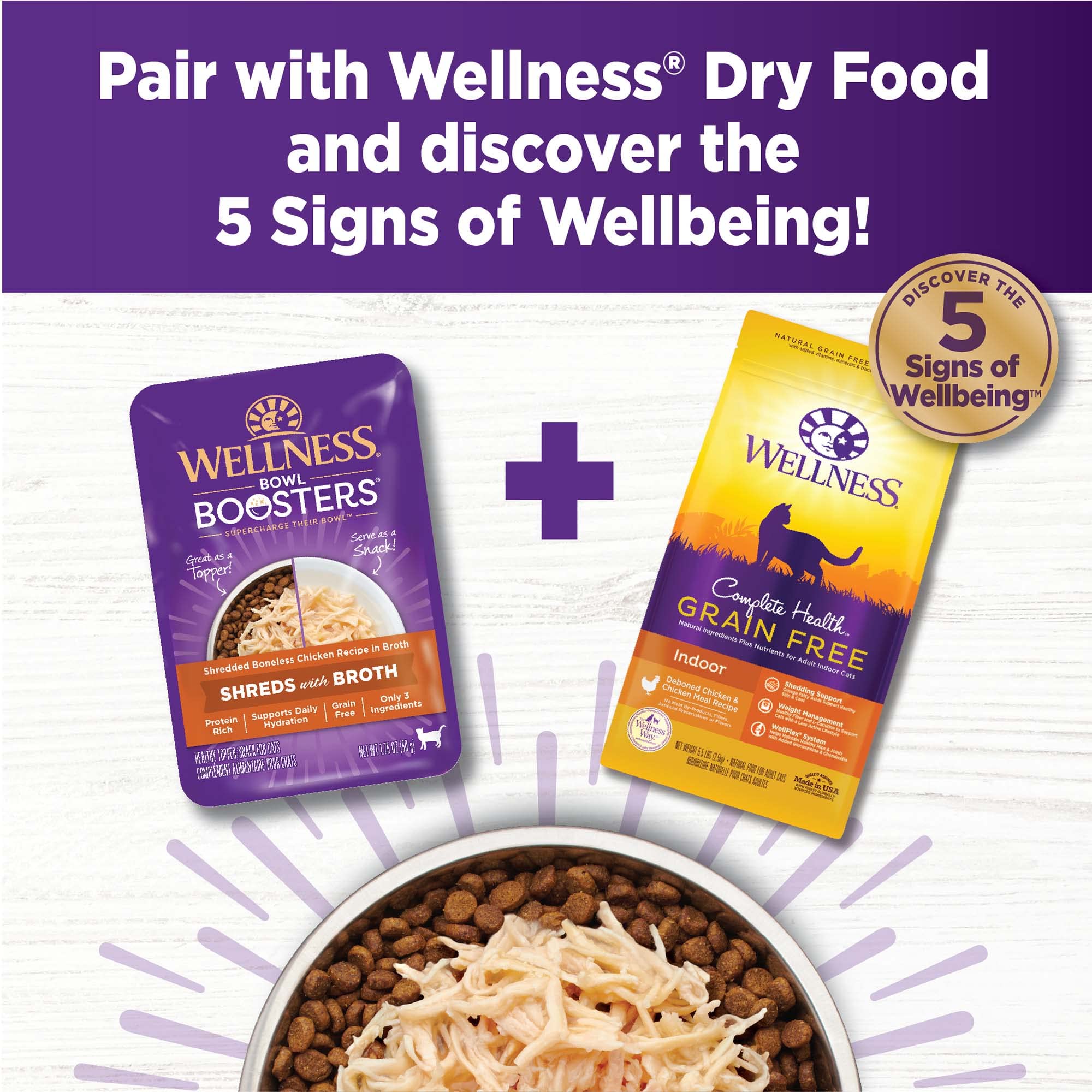 Wellness Bowl Boosters: accompagnement repas pour stimuler l'appétit des chats.