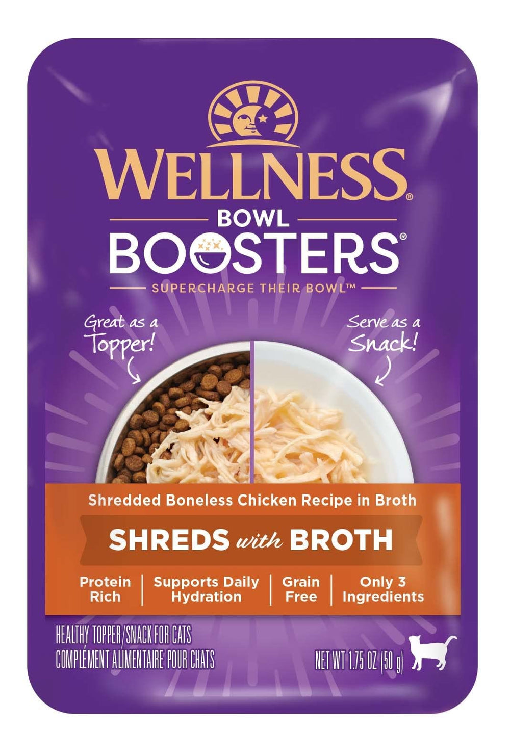 Wellness Bowl Boosters: poulet effiloché dans bouillon, favorise l'hydratation.
