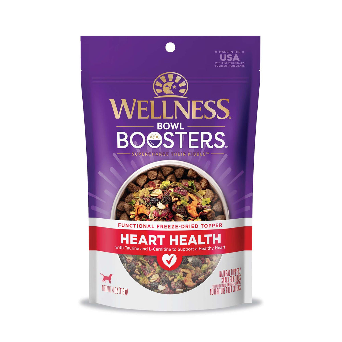 Wellness Bowl Boosters emballage pratique pour des repas rapides et savoureux pour chien.