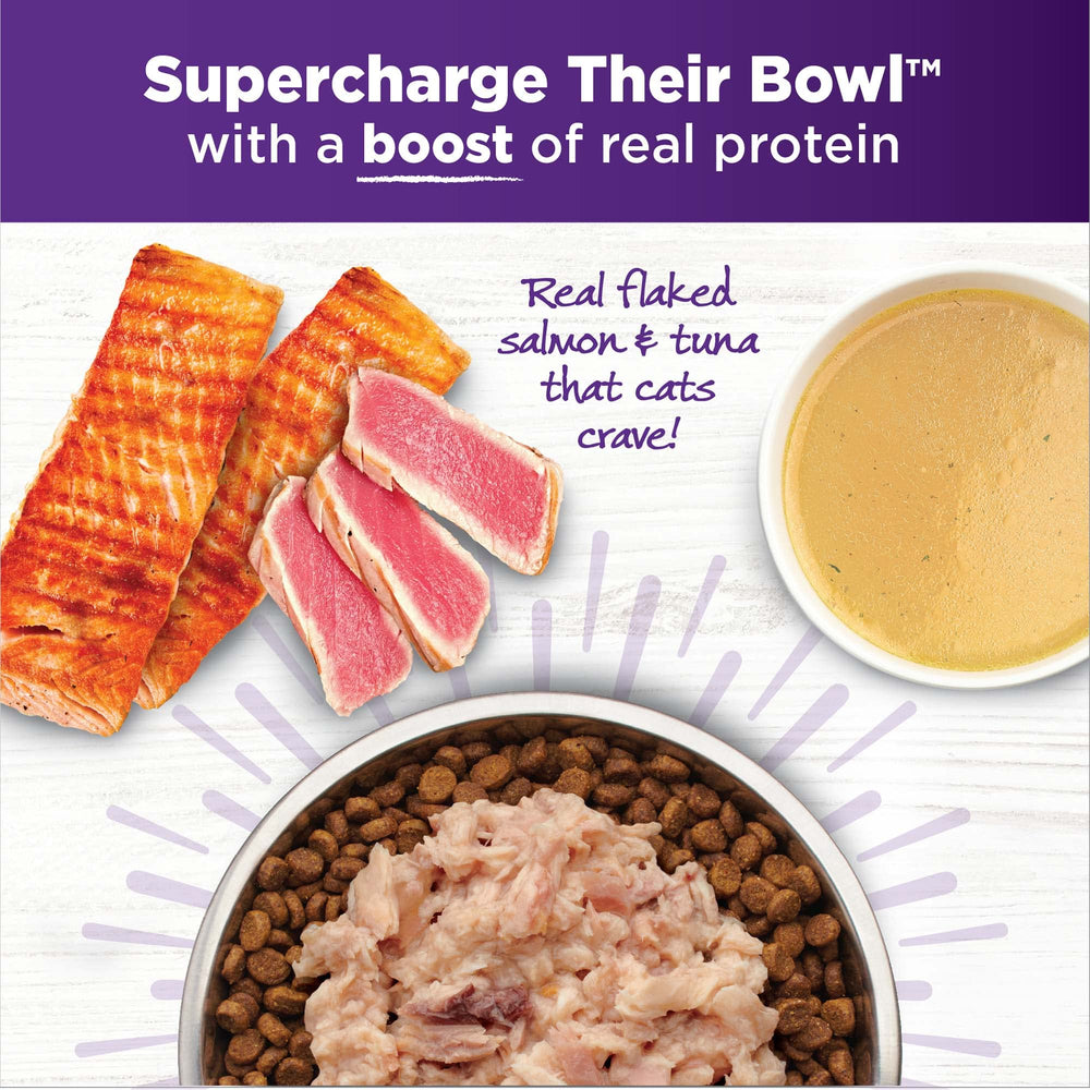 Wellness Bowl Boosters, flocons saumon-thon en bouillon, texture savoureuse et hydratante.