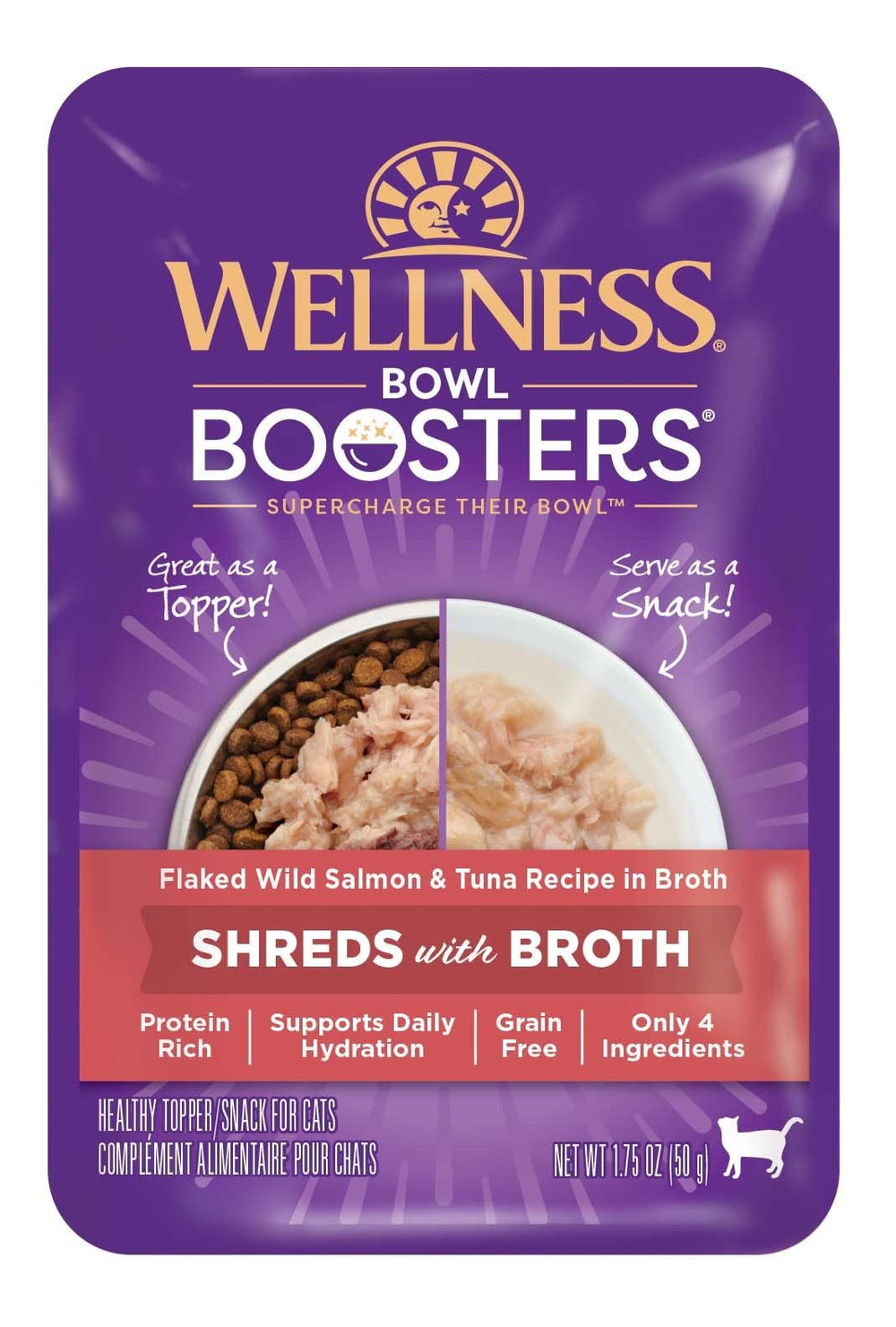 Wellness Bowl Boosters, sachet saumon-thon bouillon, portion pratique pour repas équilibré.