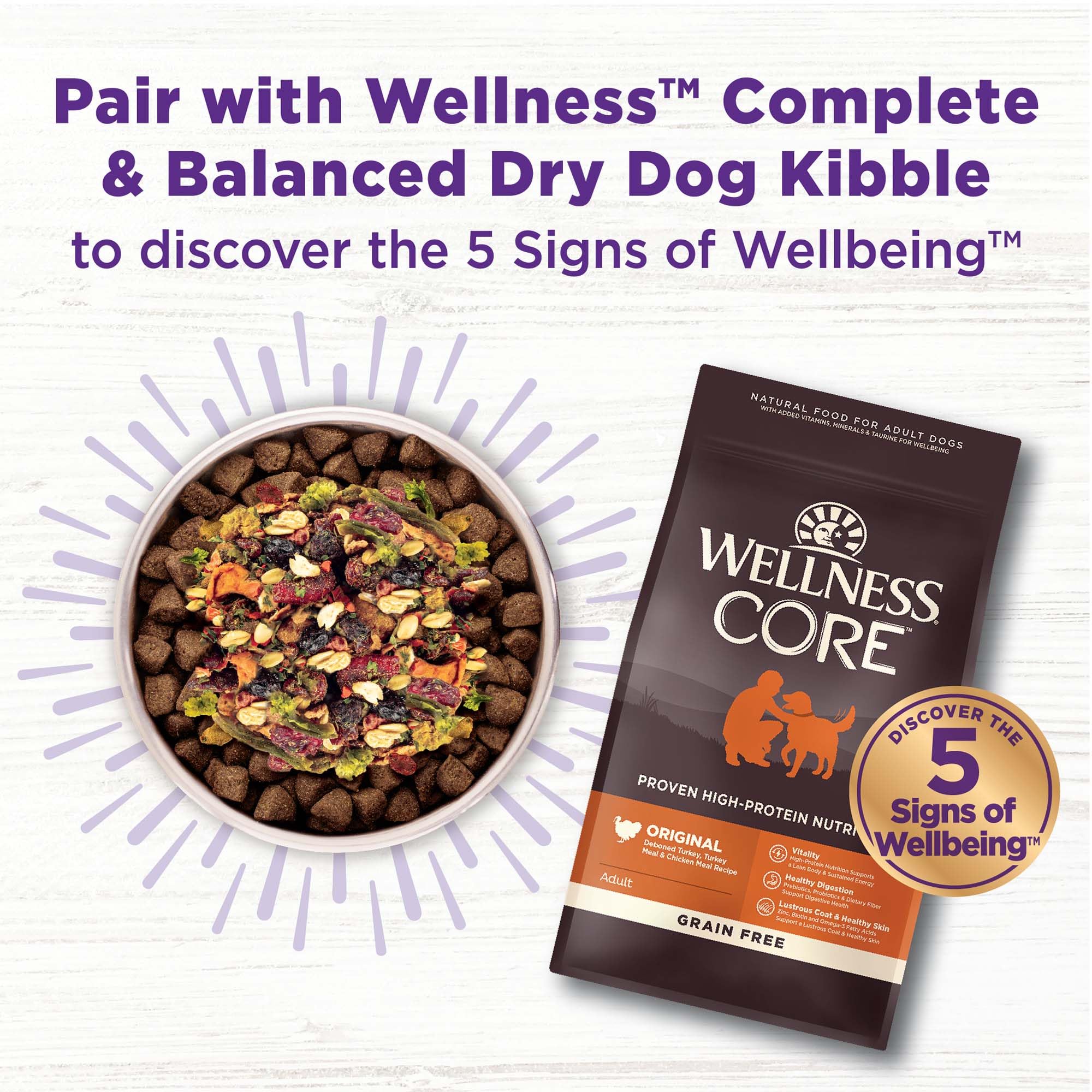 Wellness Bowl Boosters sante-coeur-chien suggère un soutien possible pour la vitalité.