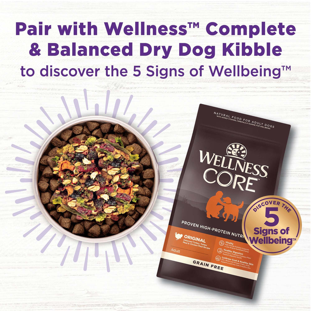 Wellness Bowl Boosters sante-coeur-chien suggère un soutien possible pour la vitalité.