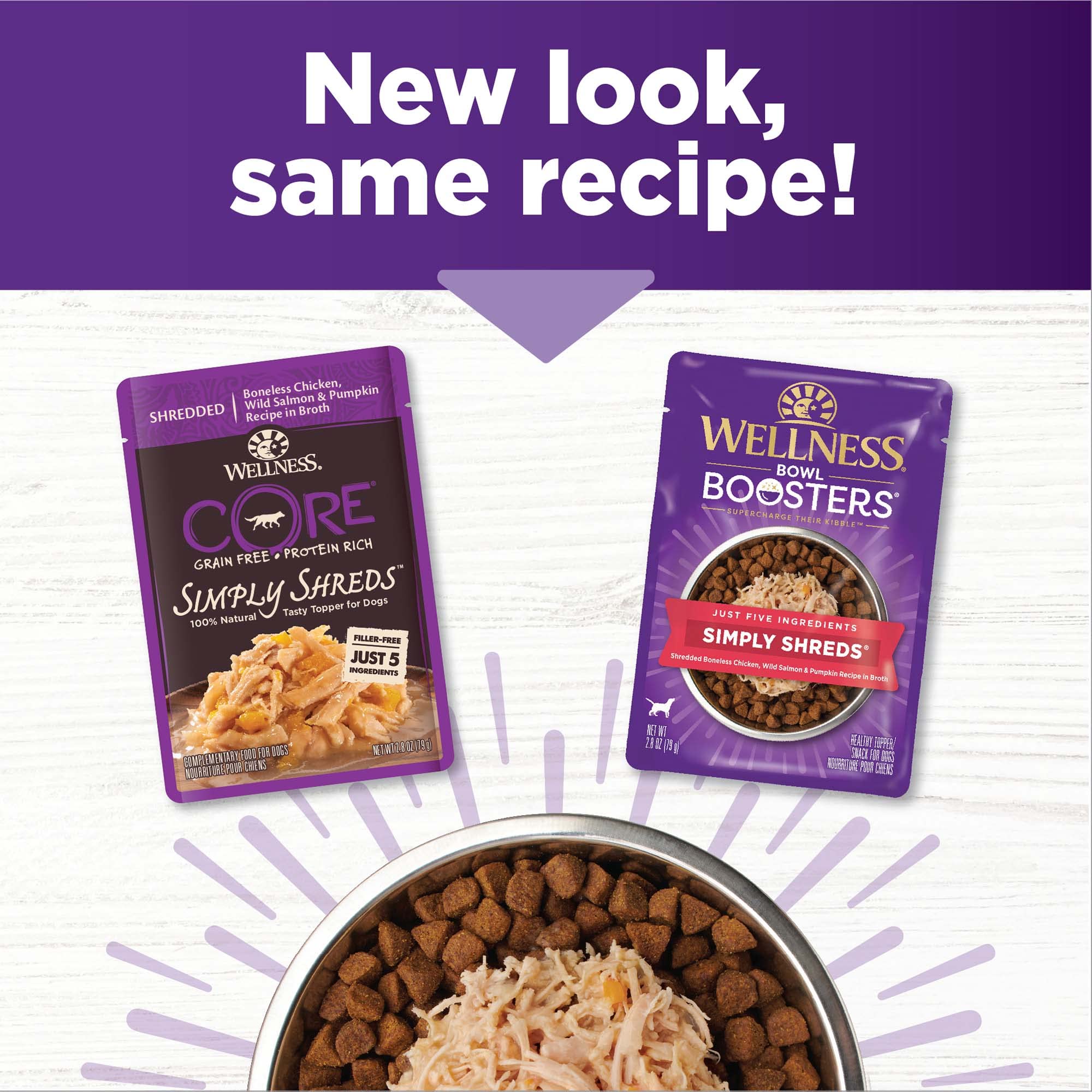Wellness Bowl Boosters Simply Shreds bol-chien: service rapide pour un repas varié.