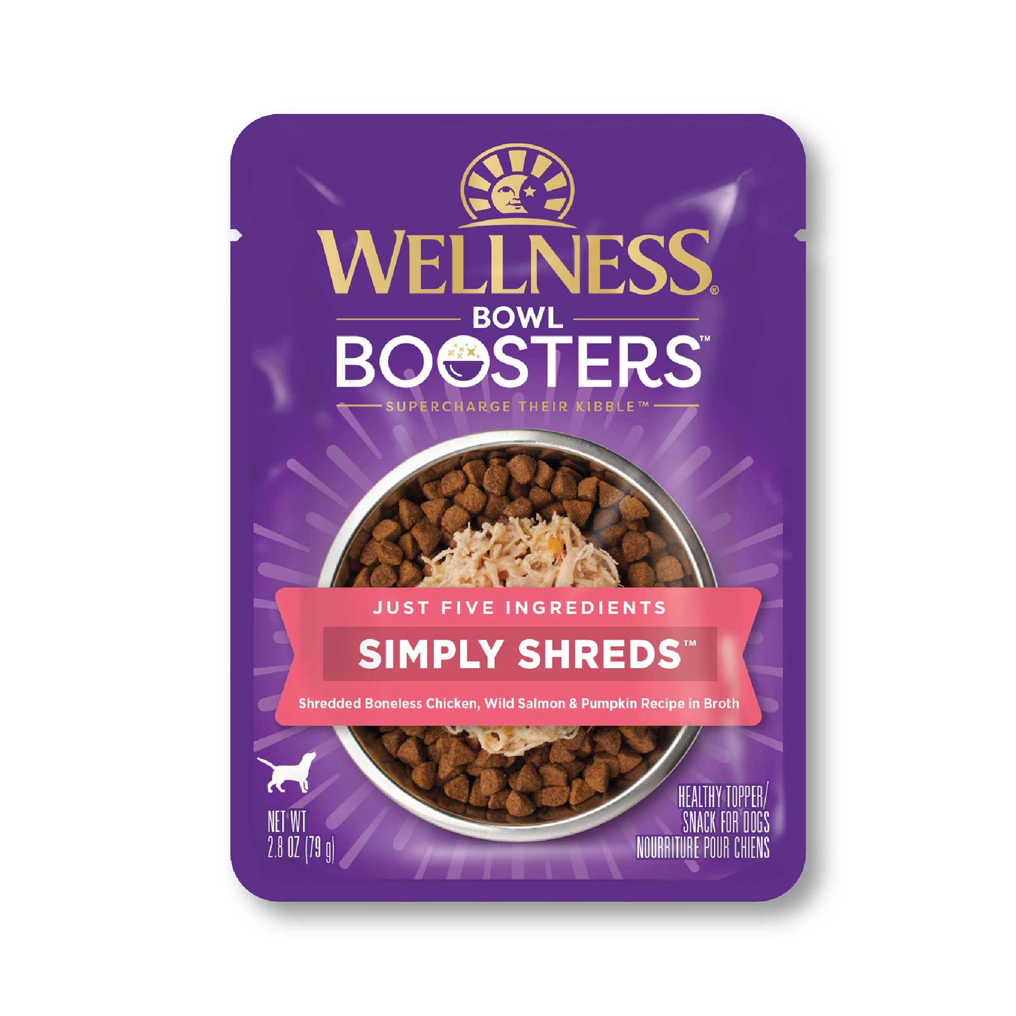 Wellness Bowl Boosters Simply Shreds saumon et potiron, morceaux juteux pour nourrir l’appétit du chien.