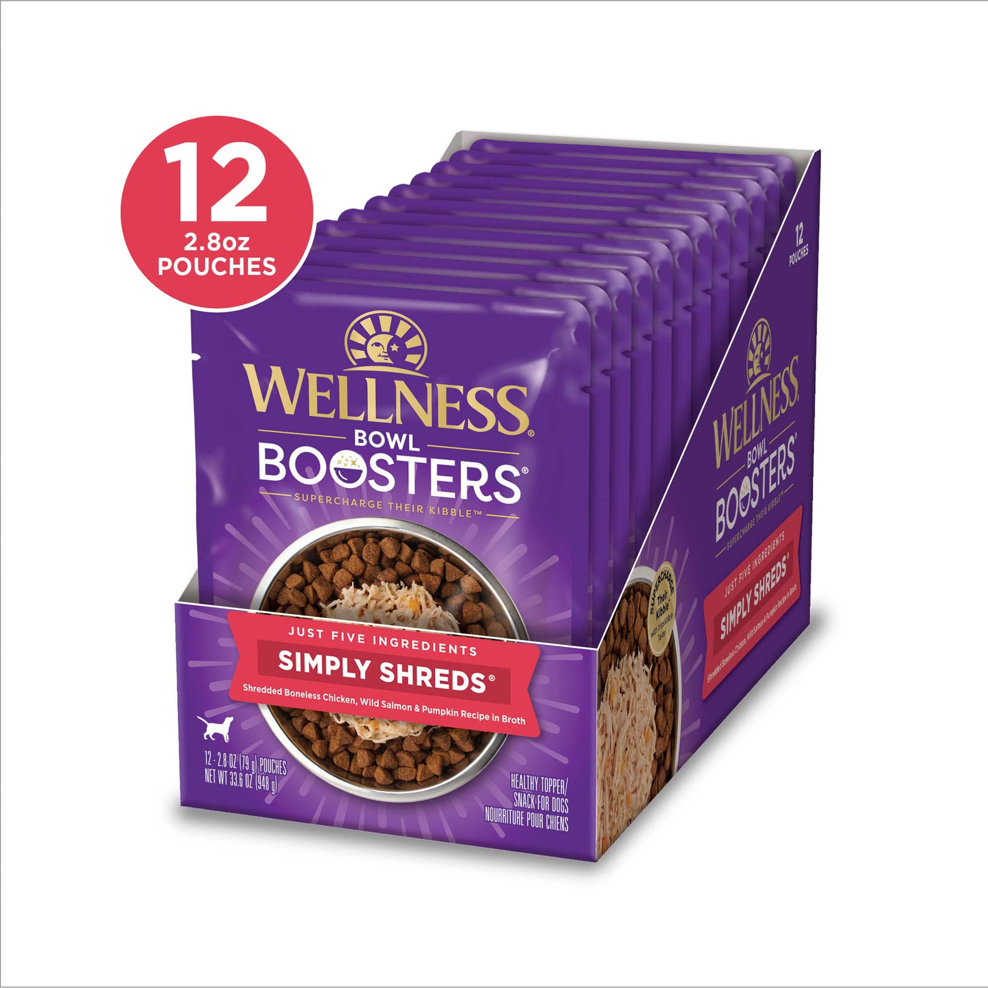Wellness Bowl Boosters Simply Shreds saumon-potiron: texture tendre idéale pour le repas.