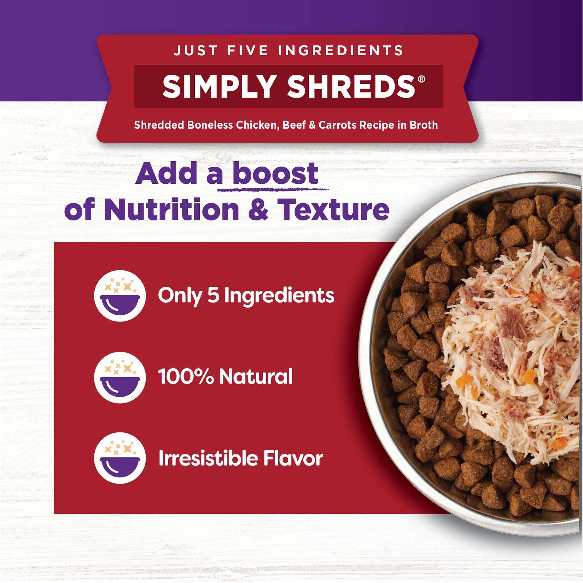 Wellness Bowl Boosters Simply Shreds: carottes et boeuf, mélange savoureux a ajouter au bol