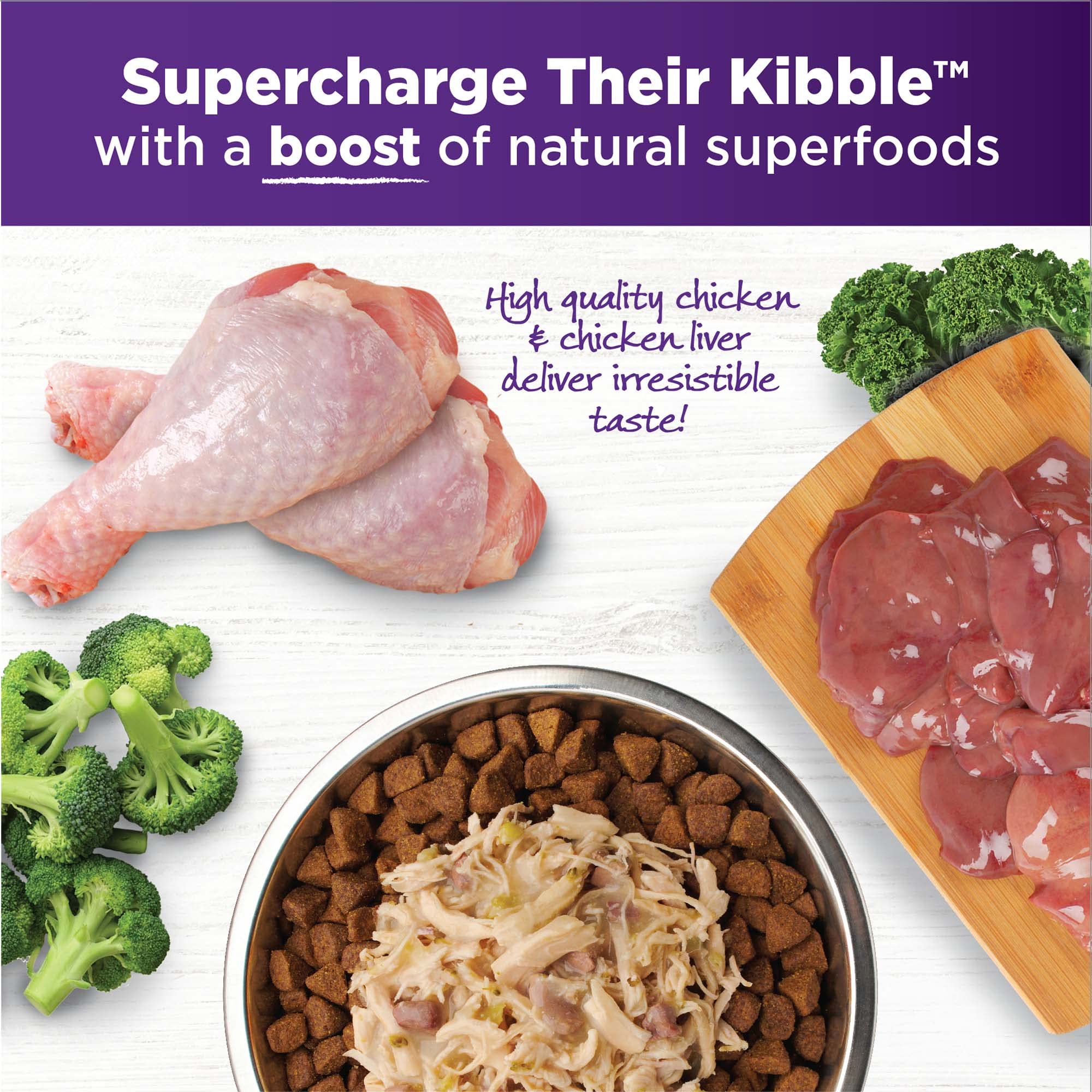 Wellness Bowl Boosters Simply Shreds – poulet foie et brocoli, goût naturel et nourrissant.