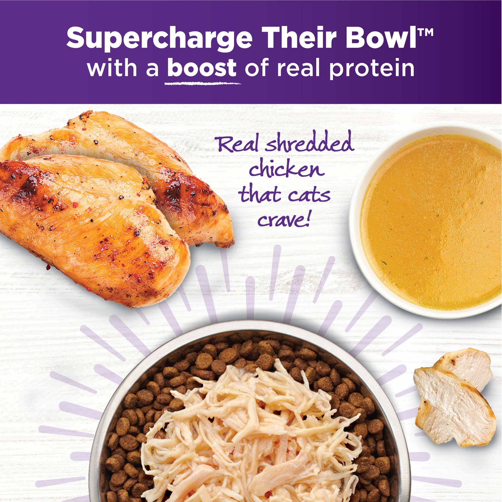 Wellness Bowl Boosters: texture effilochée dans bouillon, séduisante pour les chats.