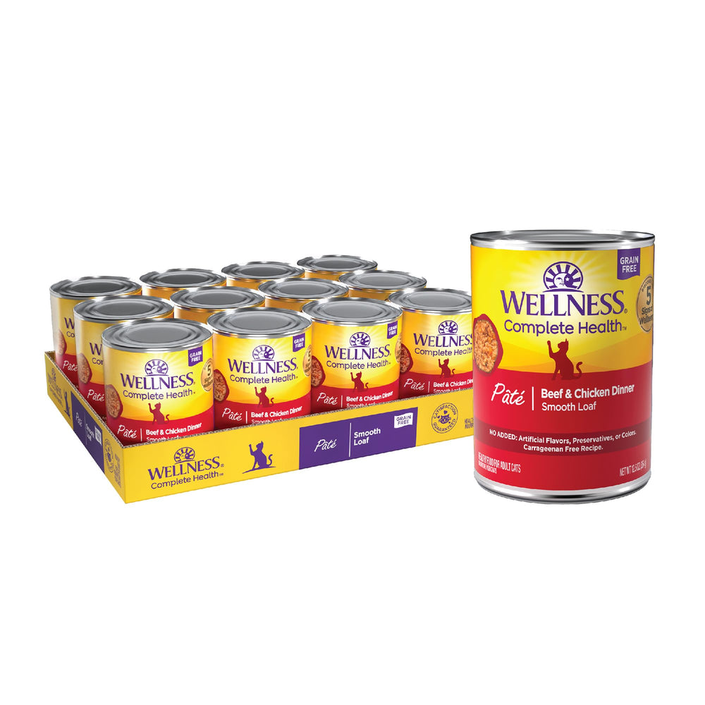 Wellness Pâté pour chat, boeuf et poulet, texture lisse et appétente.
