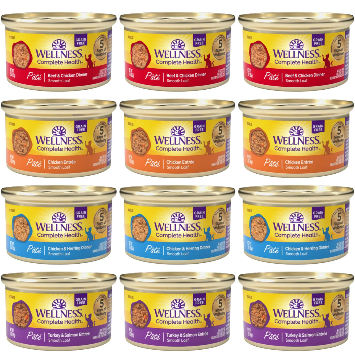 Wellness Chat Pâté: boîtes 3 onces, 4 saveurs, variété pratique pour les repas du chat