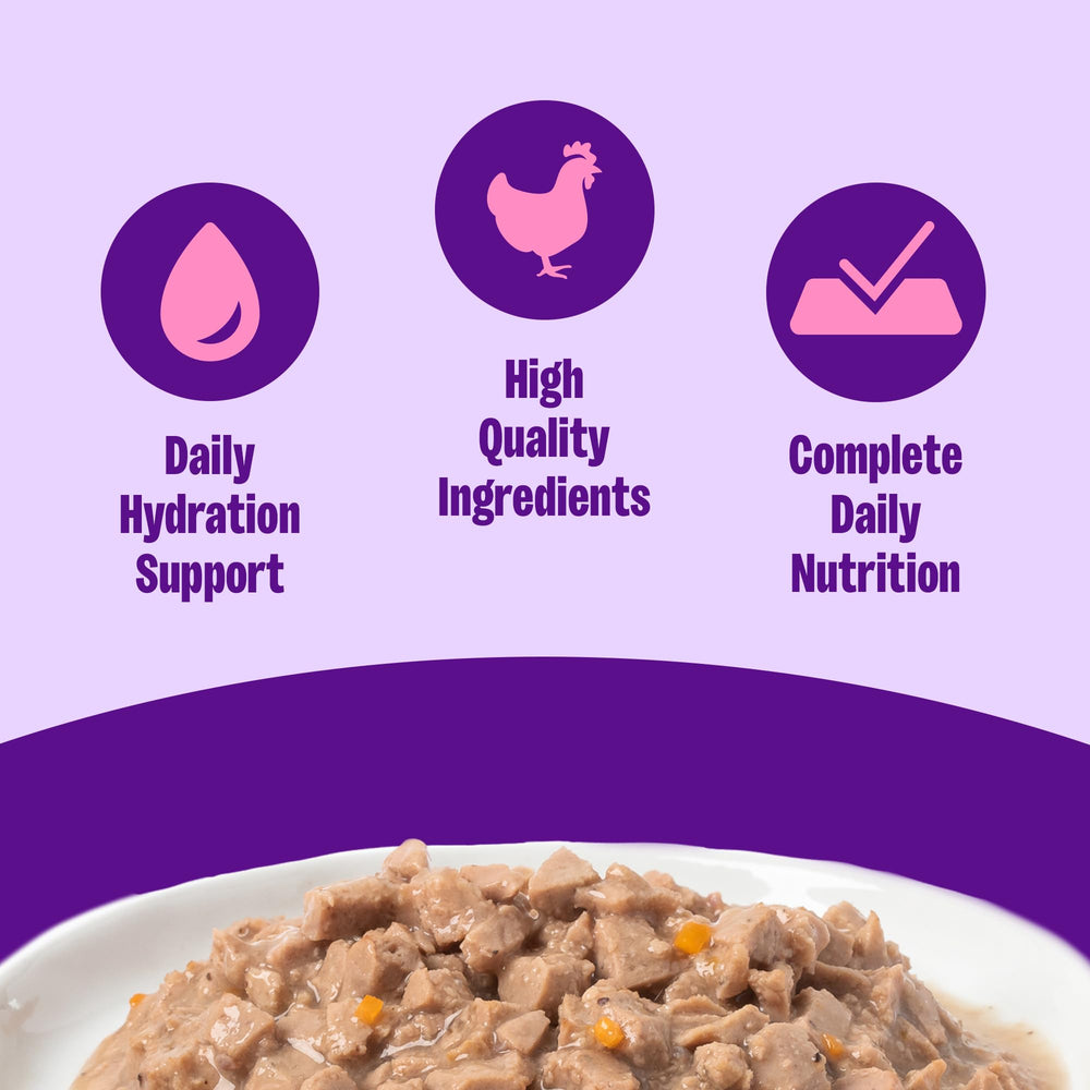 Wellness chat poulet, portion servie avec sauce onctueuse.