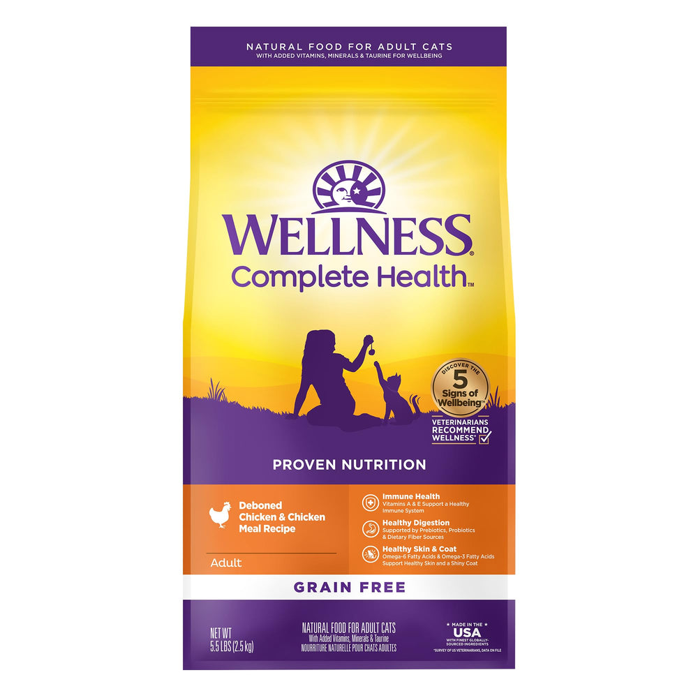 Wellness Chat, sachet de croquettes sans cereales au poulet, prêt pour le repas quotidien.