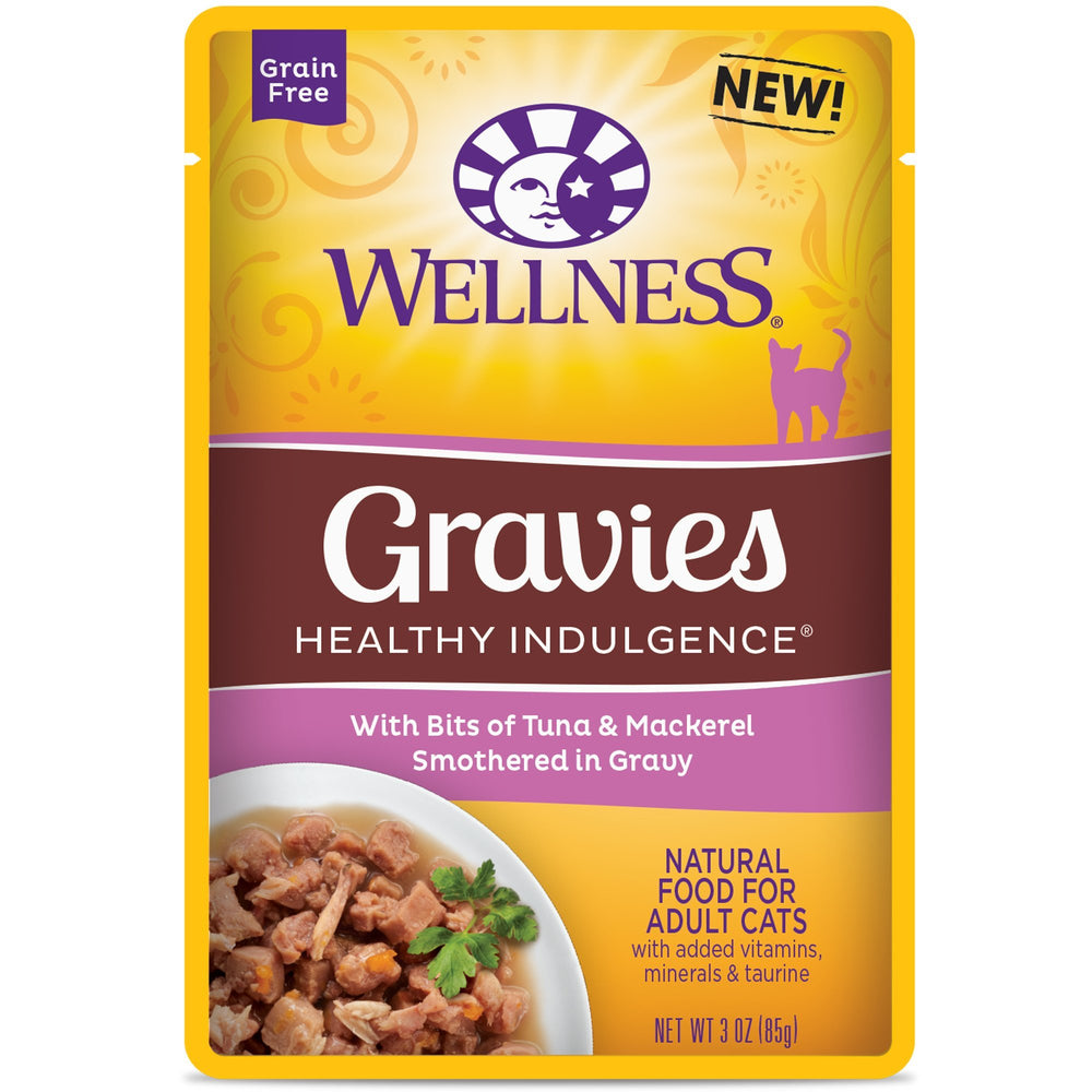 Wellness Chat – morceaux de thon et maquereau dans une sauce gravy, repas humide savoureux.