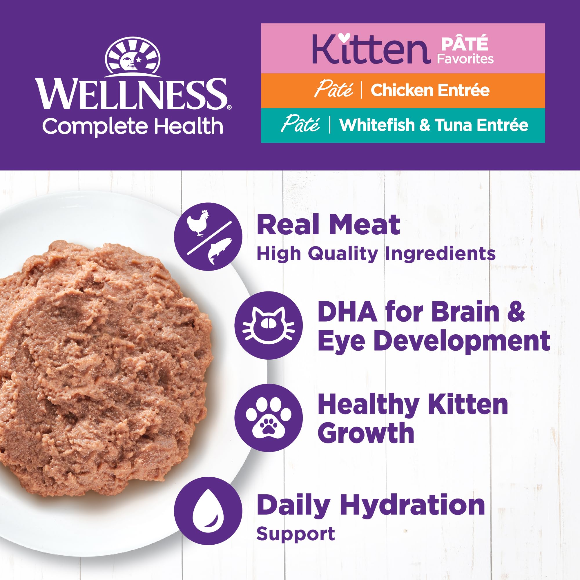 Pâté Wellness chaton poisson blanc et thon: nutriments essentiels pour le jeune chaton.