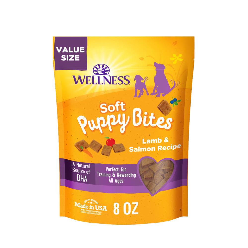 Wellness chiot friandises sans céréales agneau et saumon sur sachet.