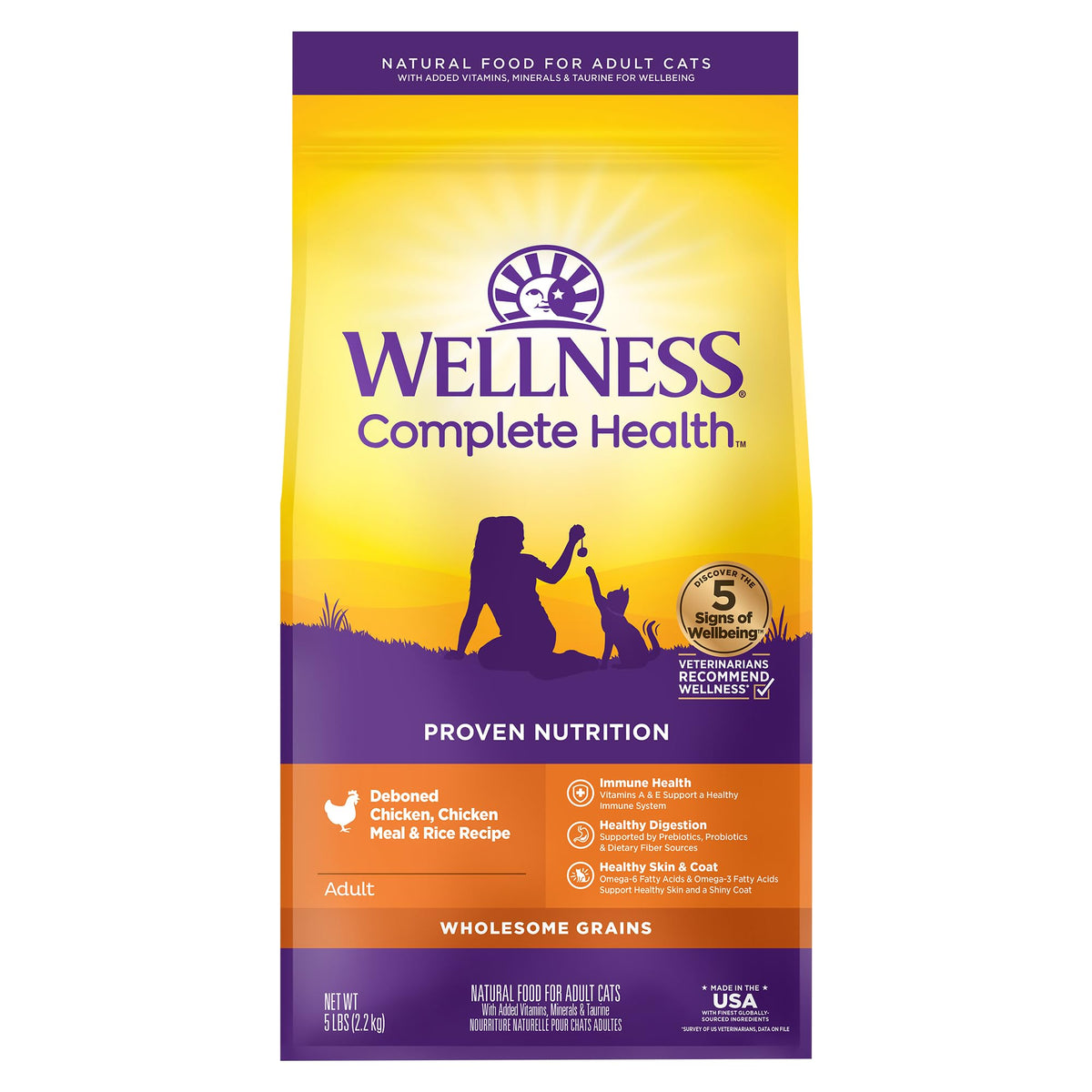 Wellness Complete Health pour chat adulte: croquettes poulet, texture croquante et appétence.