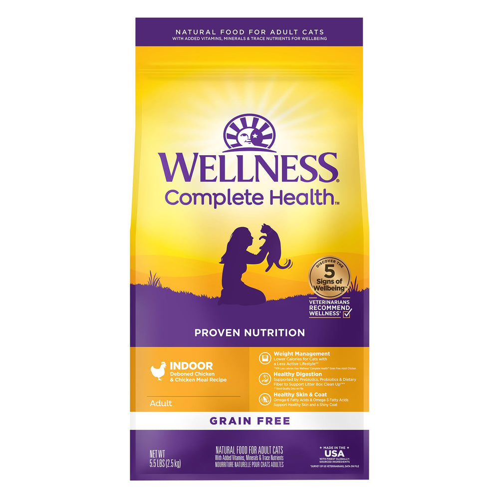 Wellness Complete Health: croquettes pour chat intérieur au poulet, sac 5,5 lb, repas équilibré.